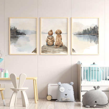Goldendoodle Nursery Art, Boy & Dog Room Decor, Set of 3 Prints - WildfieldPrints