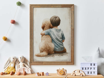 Goldendoodle Nursery Decor, Boy & Dog Art Print, Toddler Room Wall Art - WildfieldPrints