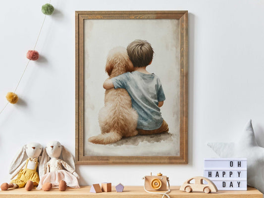 Goldendoodle Nursery Decor, Boy & Dog Art Print, Toddler Room Wall Art - WildfieldPrints