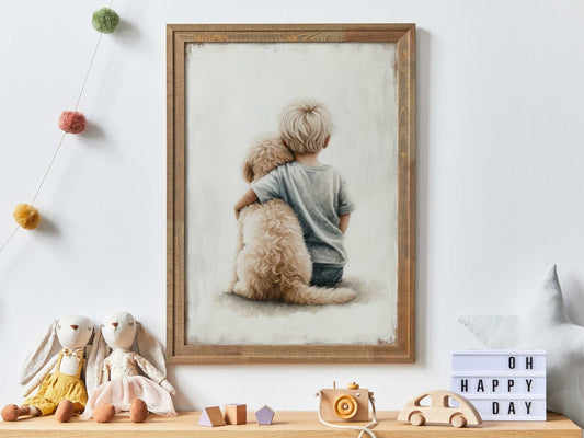 Goldendoodle Nursery Decor, Boy & Dog Art Print, Toddler Room Wall Art - WildfieldPrints