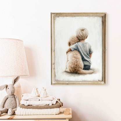 Goldendoodle Nursery Decor, Boy & Dog Art Print, Toddler Room Wall Art - WildfieldPrints