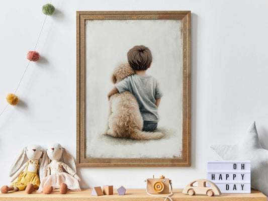 Goldendoodle Nursery Print, Boy & Dog Painting, Dog Wall Decor - WildfieldPrints