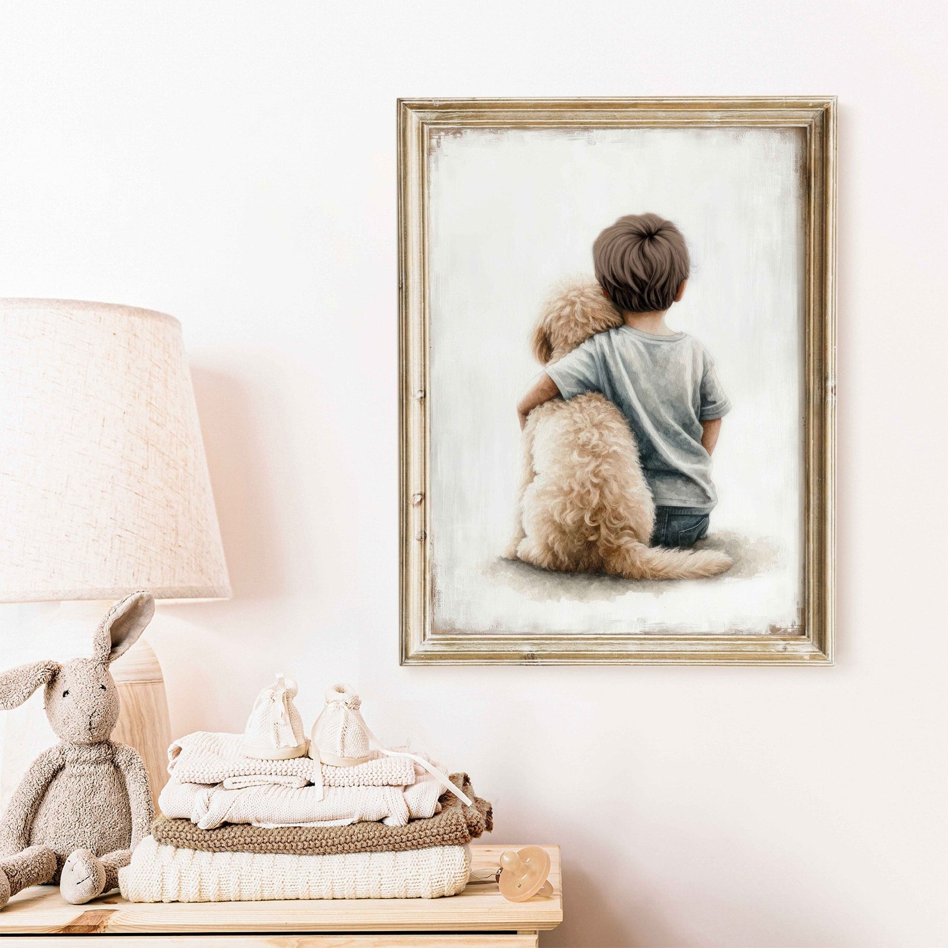 Goldendoodle Nursery Print, Boy & Dog Painting, Dog Wall Decor - WildfieldPrints