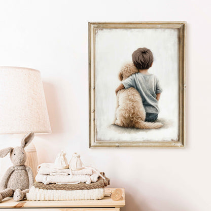 Goldendoodle Nursery Print, Boy & Dog Painting, Dog Wall Decor - WildfieldPrints