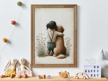 Goldendoodle Nursery Wall Art, Girl & Dog Painting, Kids Room Decor - WildfieldPrints