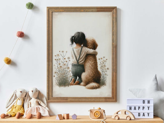 Goldendoodle Nursery Wall Art, Girl & Dog Painting, Kids Room Decor - WildfieldPrints