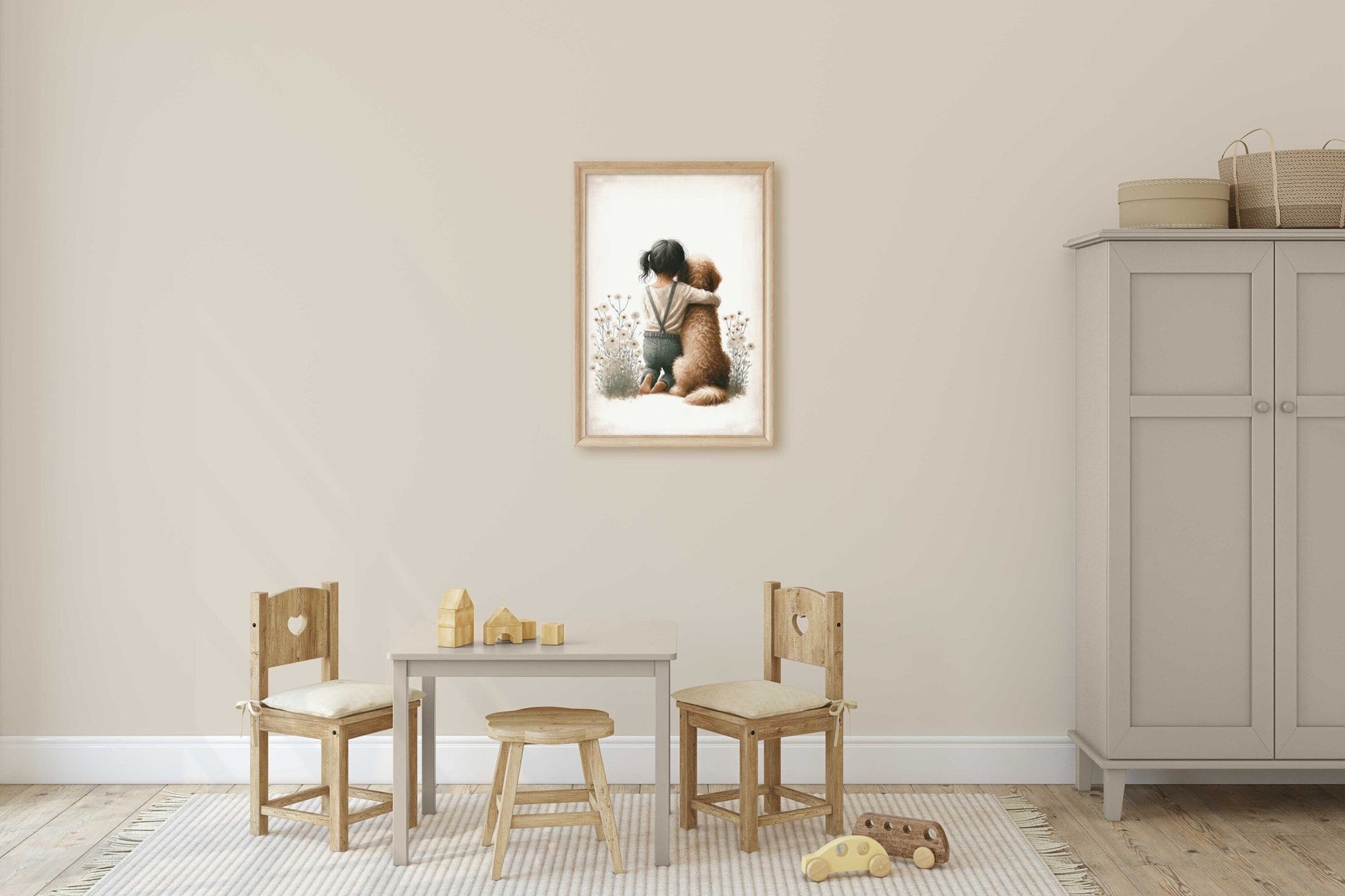 Goldendoodle Nursery Wall Art, Girl & Dog Painting, Kids Room Decor - WildfieldPrints