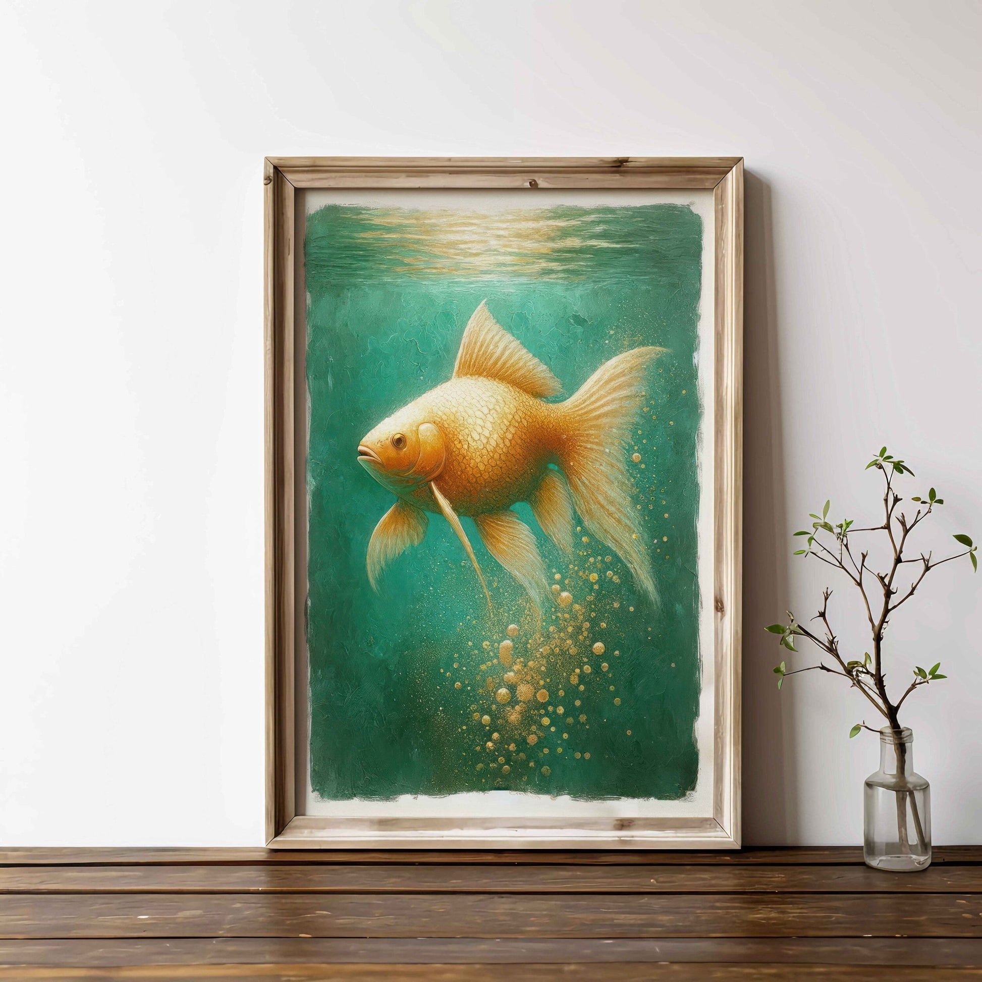 Goldfish Art, Emerald Green Wall Decor, Vintage Home Accent - WildfieldPrints