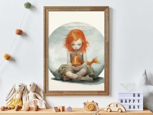 Goldfish Bowl Wall Art, Quirky Nursery Decor, Redhead Girl Illustration - WildfieldPrints