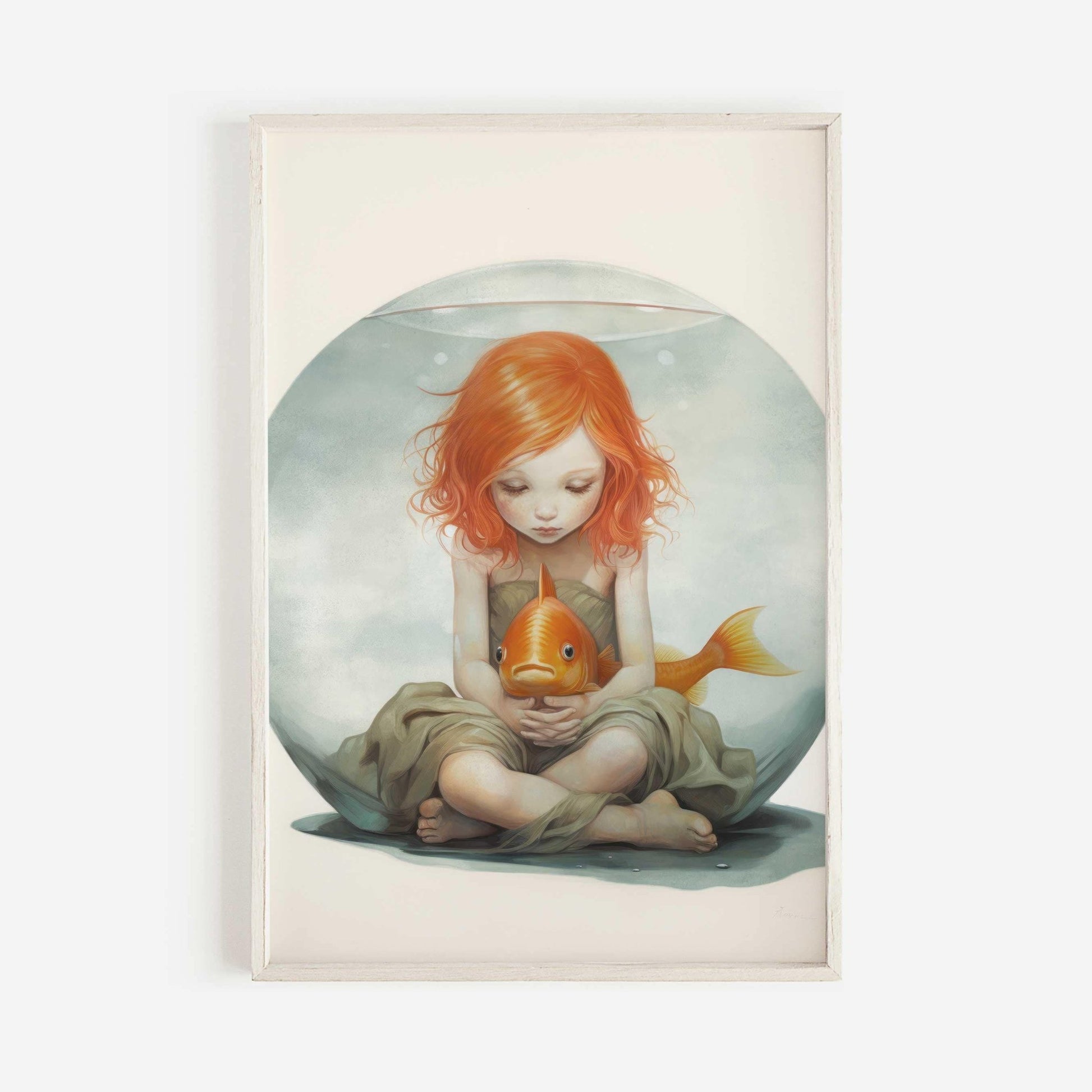 Goldfish Bowl Wall Art, Quirky Nursery Decor, Redhead Girl Illustration - WildfieldPrints