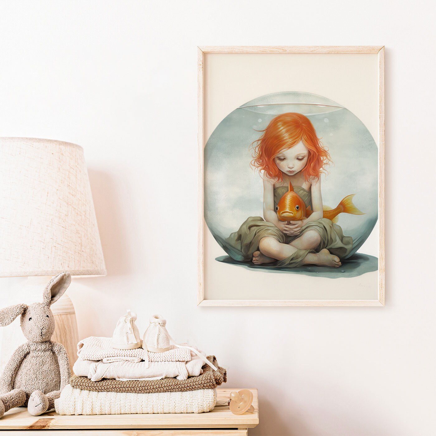Goldfish Bowl Wall Art, Quirky Nursery Decor, Redhead Girl Illustration - WildfieldPrints