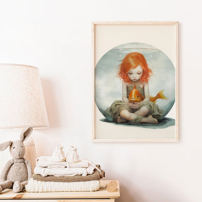 Goldfish Bowl Wall Art, Quirky Nursery Decor, Redhead Girl Illustration - WildfieldPrints
