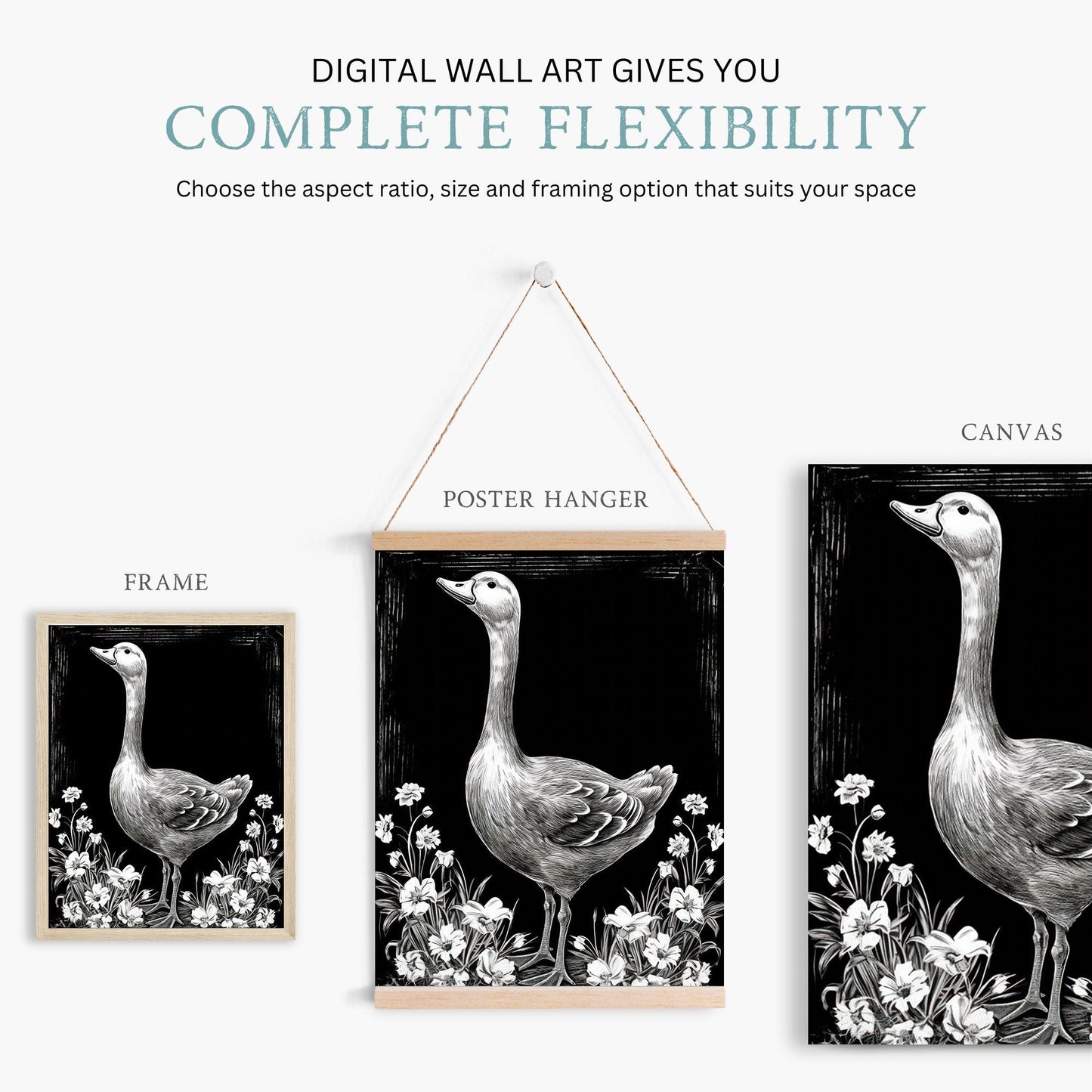 Goose and Floral Prints, Farm Animal Wall Art, Black and White Decor - WildfieldPrints