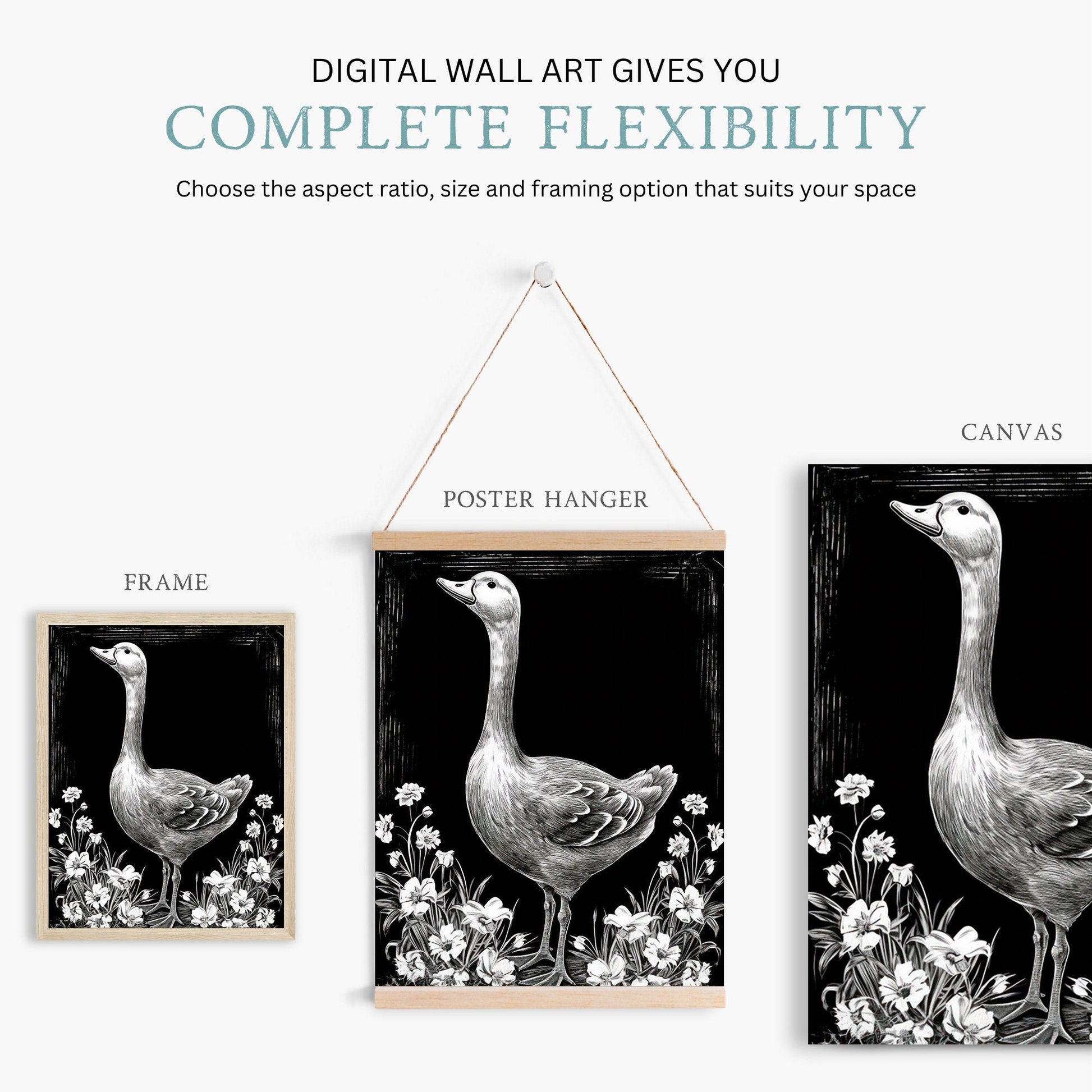 Goose and Floral Prints, Farm Animal Wall Art, Black and White Decor - WildfieldPrints
