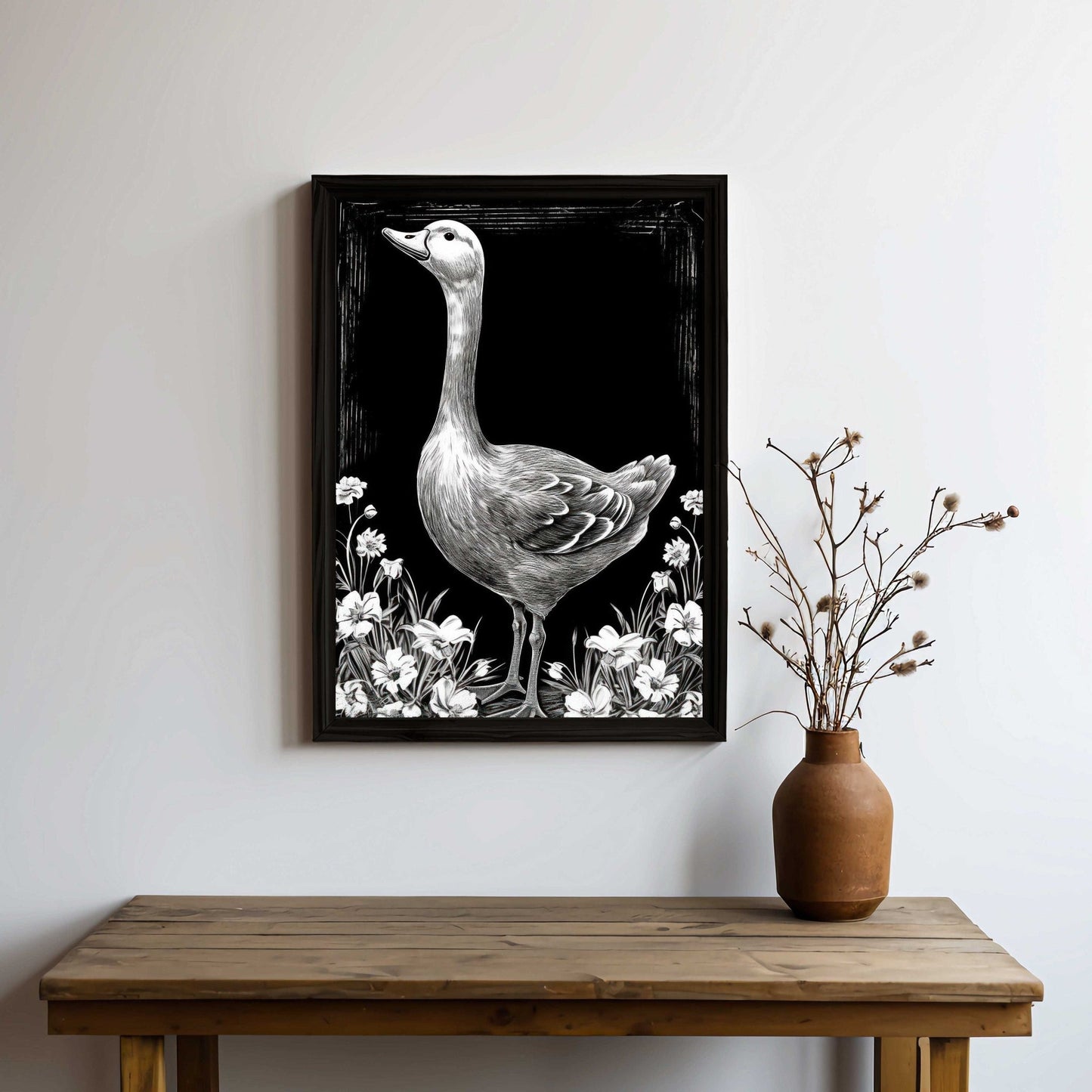 Goose and Floral Prints, Farm Animal Wall Art, Black and White Decor - WildfieldPrints