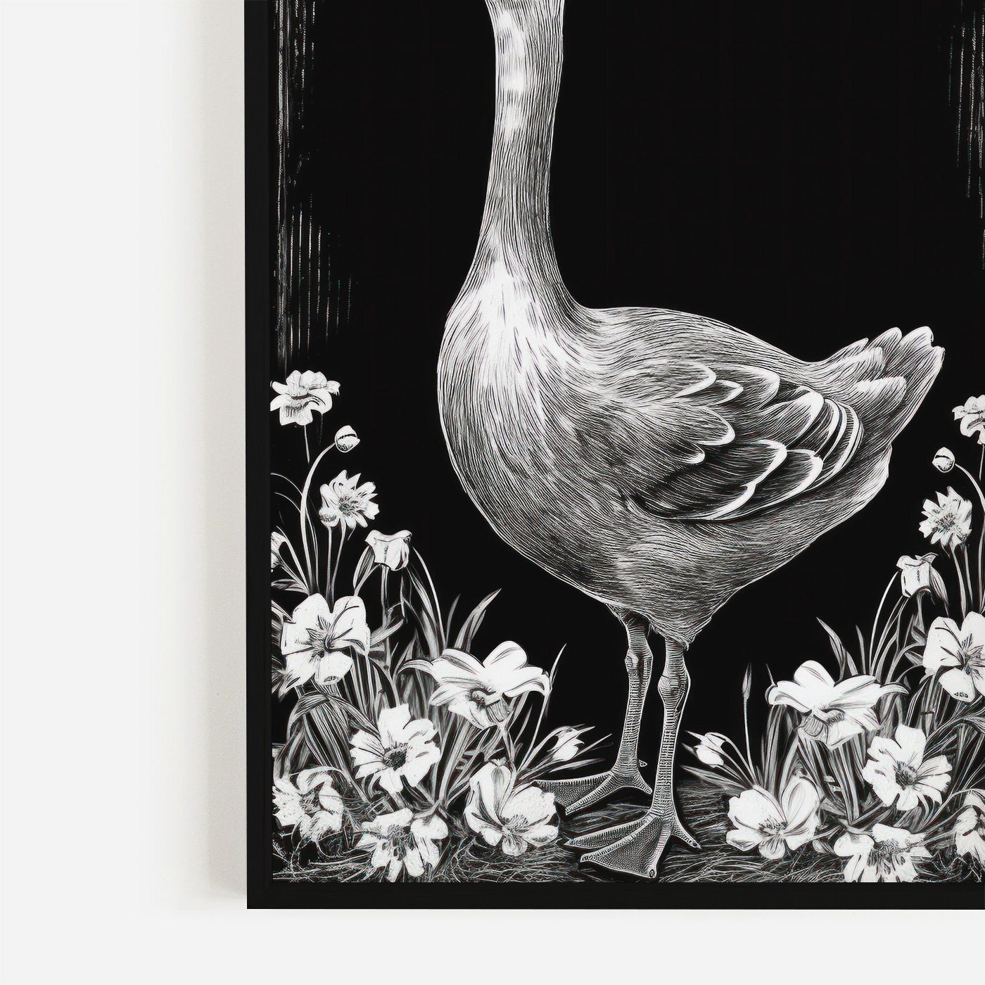 Goose and Floral Prints, Farm Animal Wall Art, Black and White Decor - WildfieldPrints