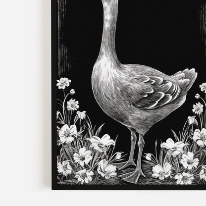 Goose and Floral Prints, Farm Animal Wall Art, Black and White Decor - WildfieldPrints