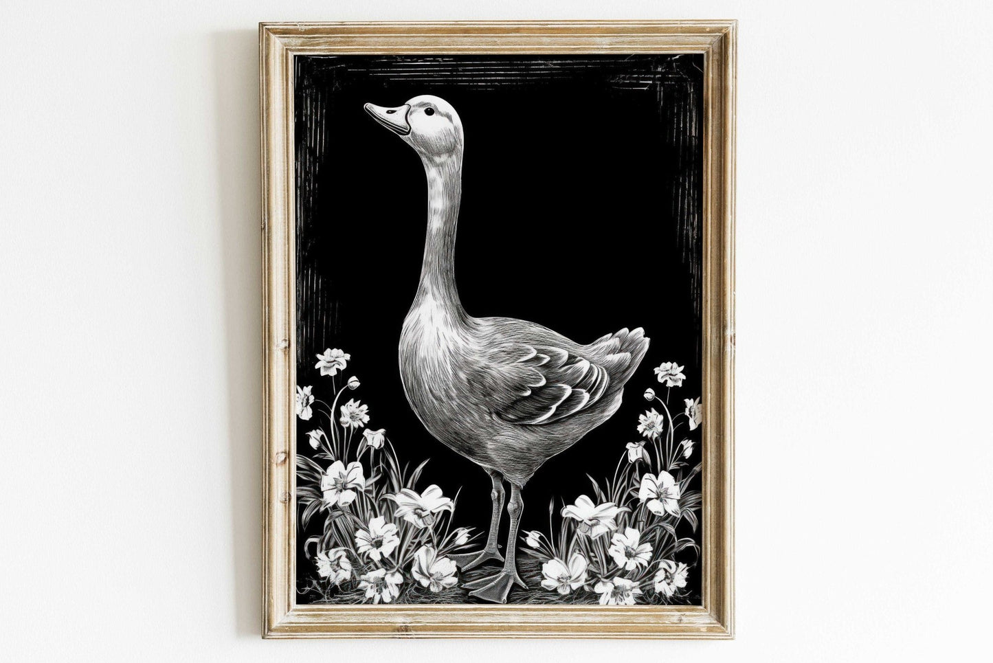 Goose and Floral Prints, Farm Animal Wall Art, Black and White Decor - WildfieldPrints