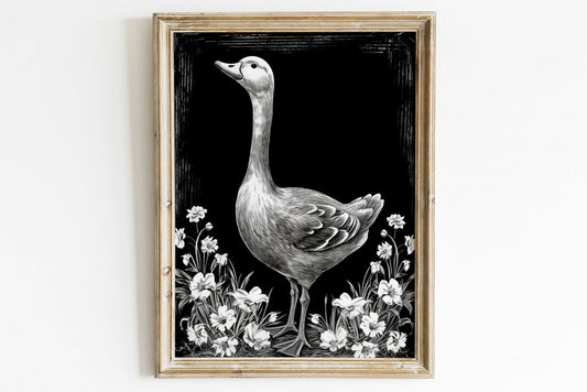 Goose and Floral Prints, Farm Animal Wall Art, Black and White Decor - WildfieldPrints