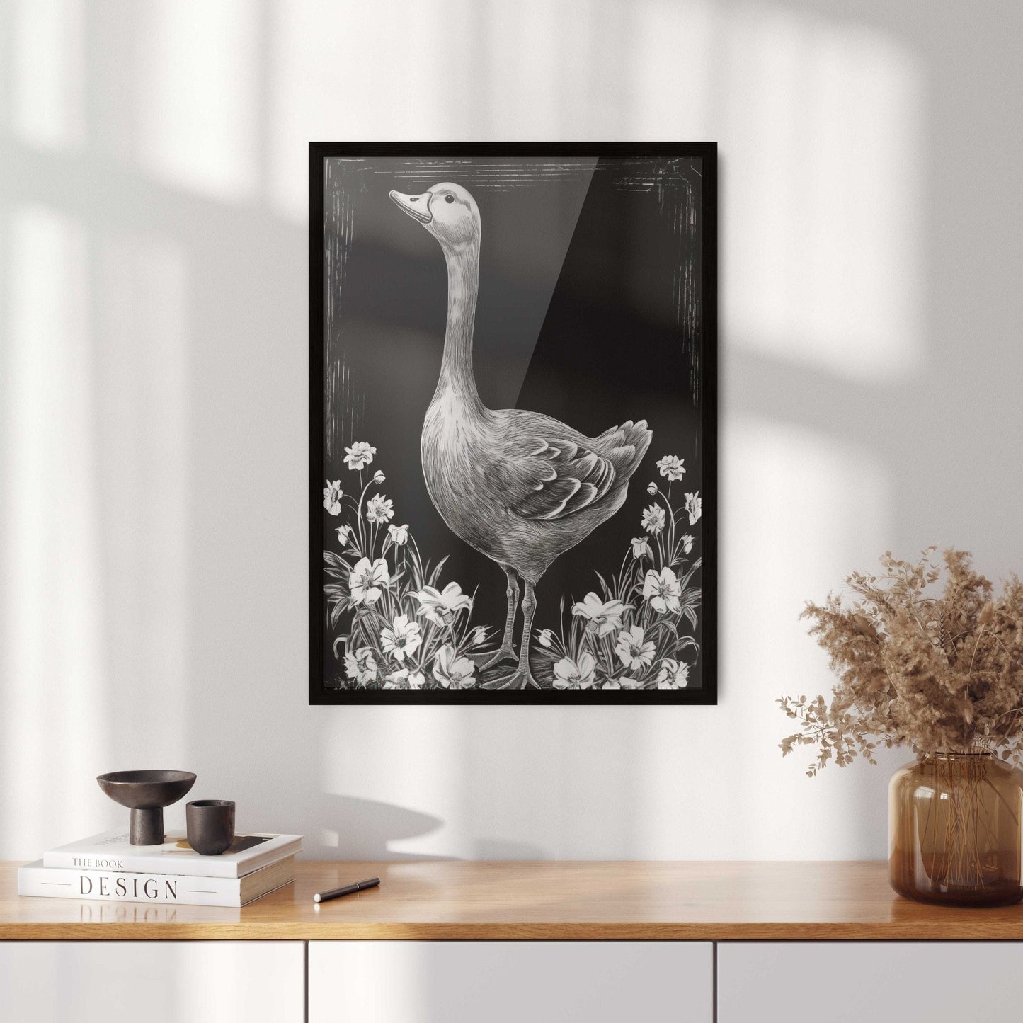Goose and Floral Prints, Farm Animal Wall Art, Black and White Decor - WildfieldPrints