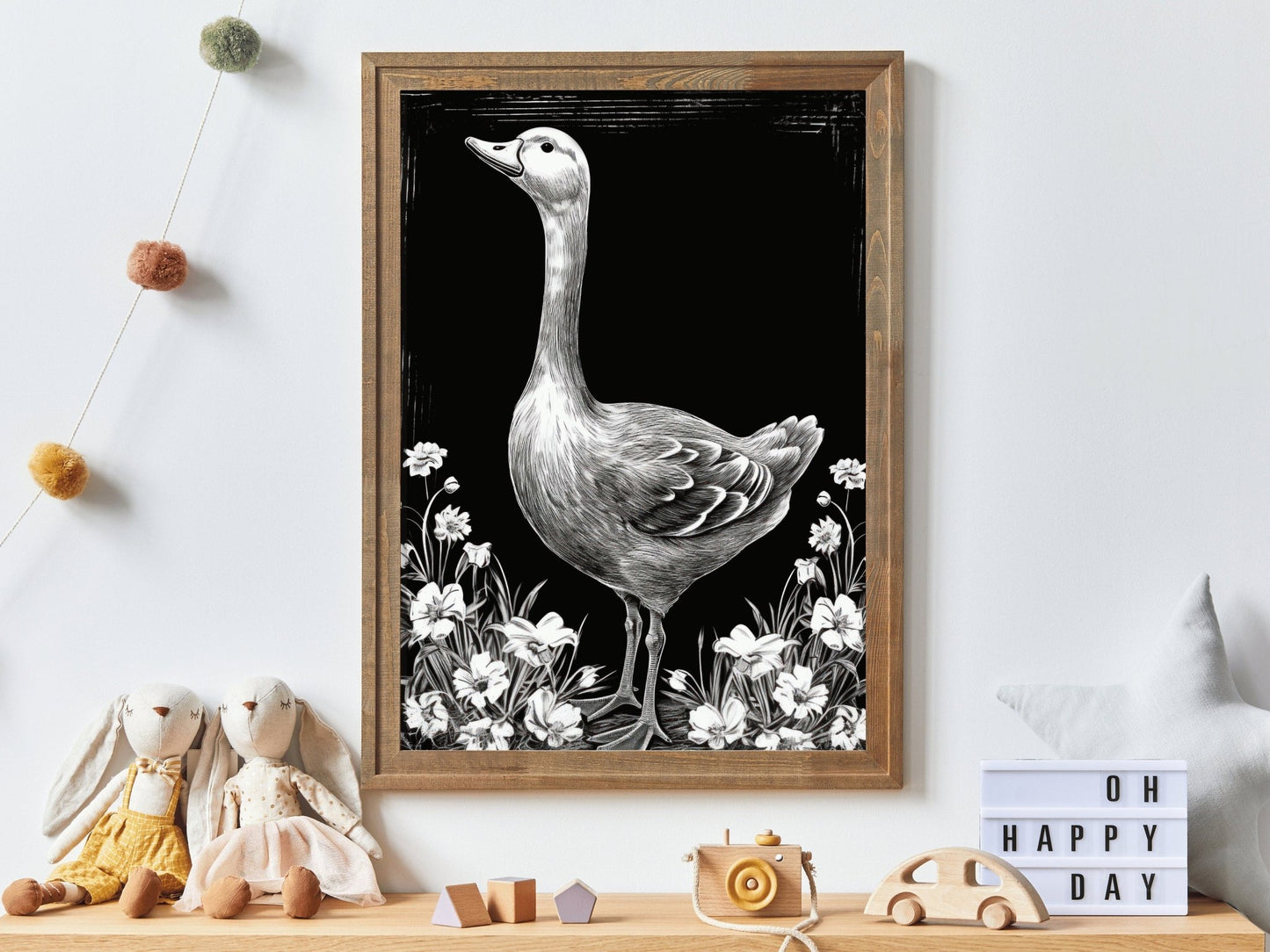Goose and Floral Prints, Farm Animal Wall Art, Black and White Decor - WildfieldPrints