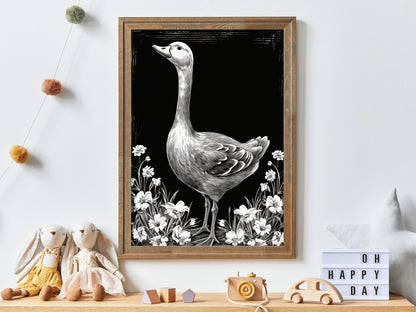 Goose and Floral Prints, Farm Animal Wall Art, Black and White Decor - WildfieldPrints