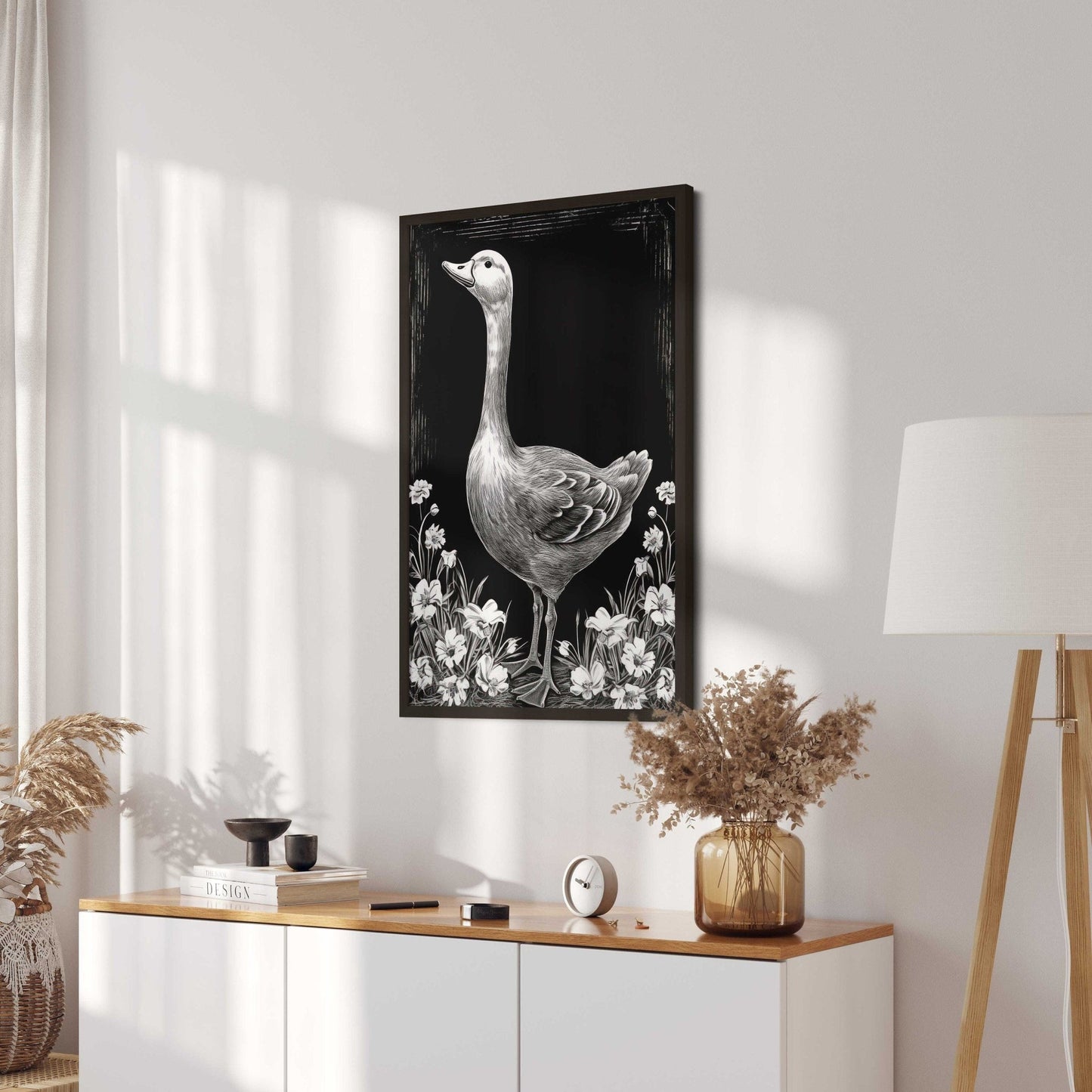 Goose and Floral Prints, Farm Animal Wall Art, Black and White Decor - WildfieldPrints