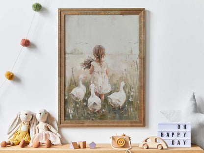 Goose Nursery Decor, Farmhouse Girl Room Art, Countryside Farm Theme - WildfieldPrints