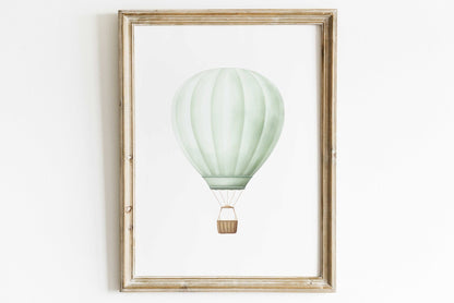 Green Hot Air Balloon Nursery Decor, Pastel Transportation Print, Vintage Wall Art - WildfieldPrints
