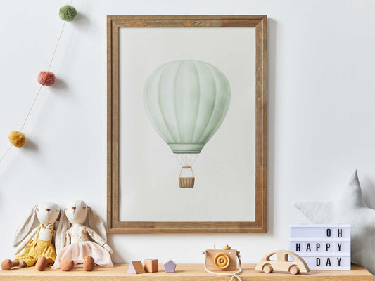 Green Hot Air Balloon Nursery Decor, Pastel Transportation Print, Vintage Wall Art - WildfieldPrints