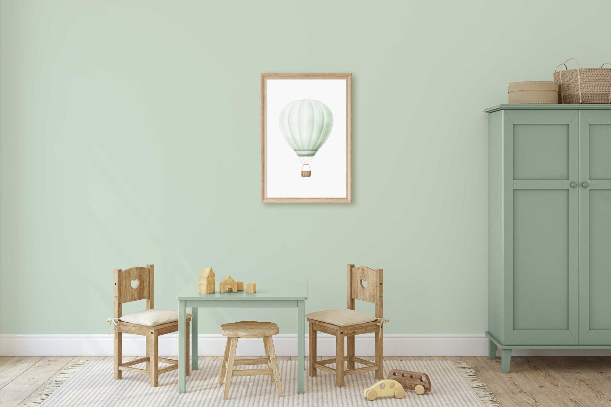 Green Hot Air Balloon Nursery Decor, Pastel Transportation Print, Vintage Wall Art - WildfieldPrints