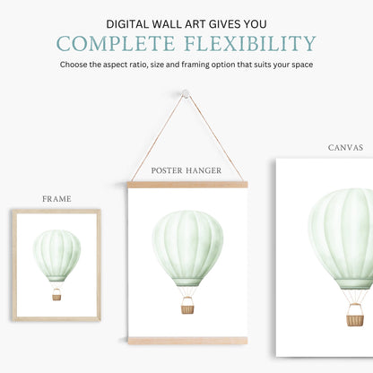 Green Hot Air Balloon Nursery Decor, Pastel Transportation Print, Vintage Wall Art - WildfieldPrints