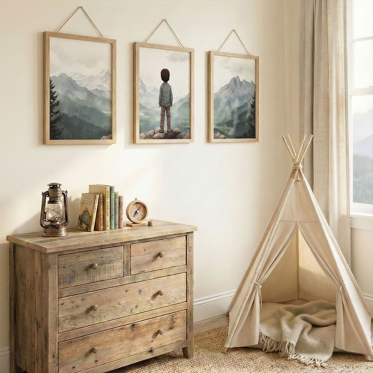 Green Mountains Wall Art – Adventure Boys Room Print • Set of 3