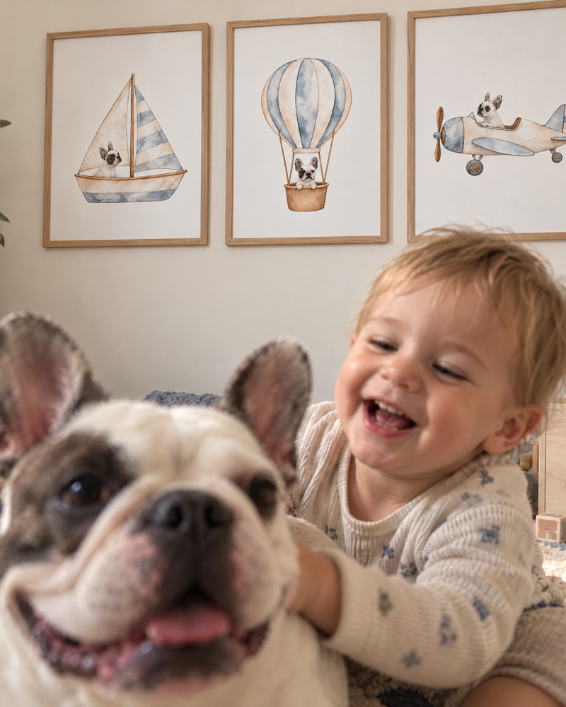 Custom Nursery Prints with Your Dog — Sailboat, Hot Air Balloon and Airplane, Set of 3
