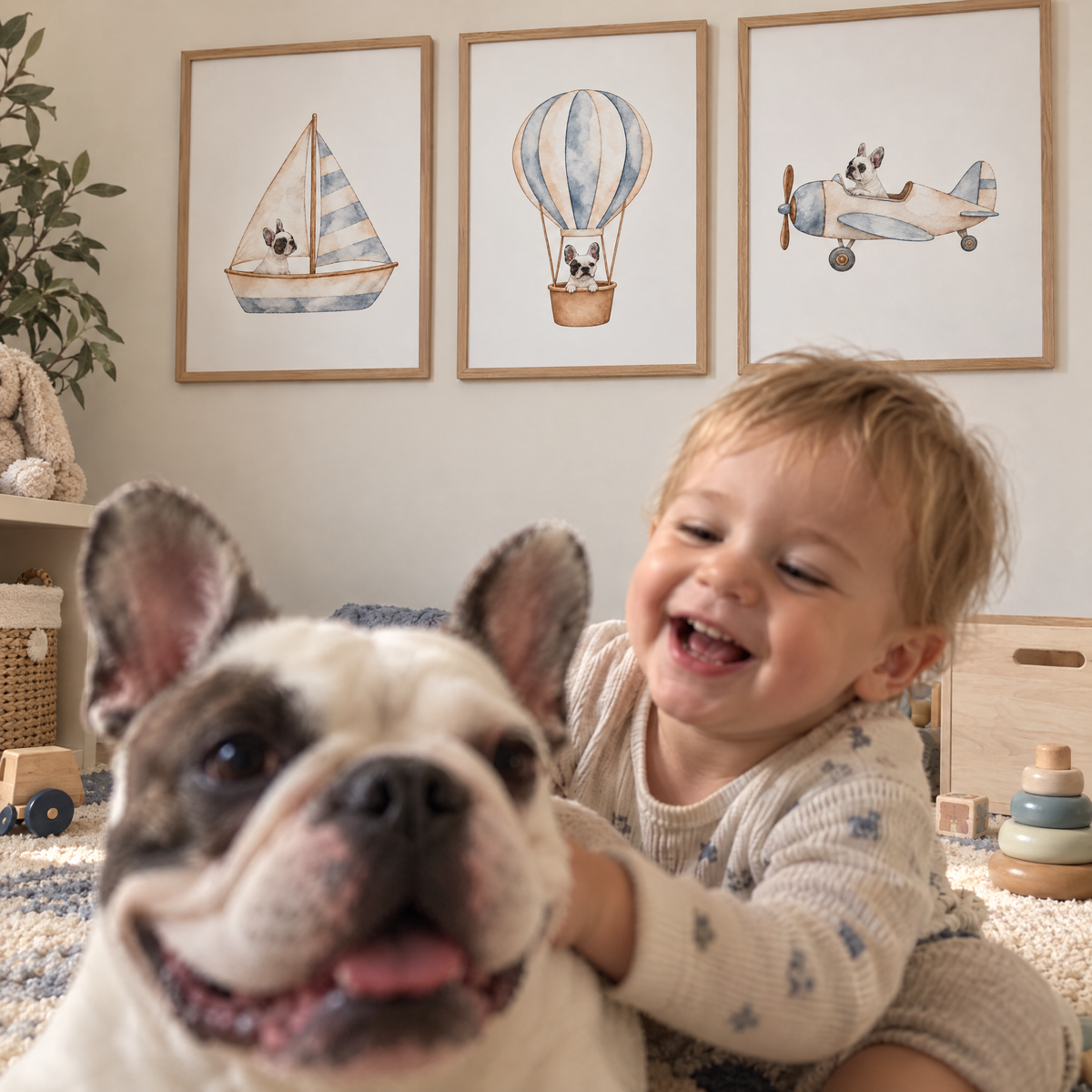 Custom Nursery Prints with Your Dog — Sailboat, Hot Air Balloon and Airplane, Set of 3