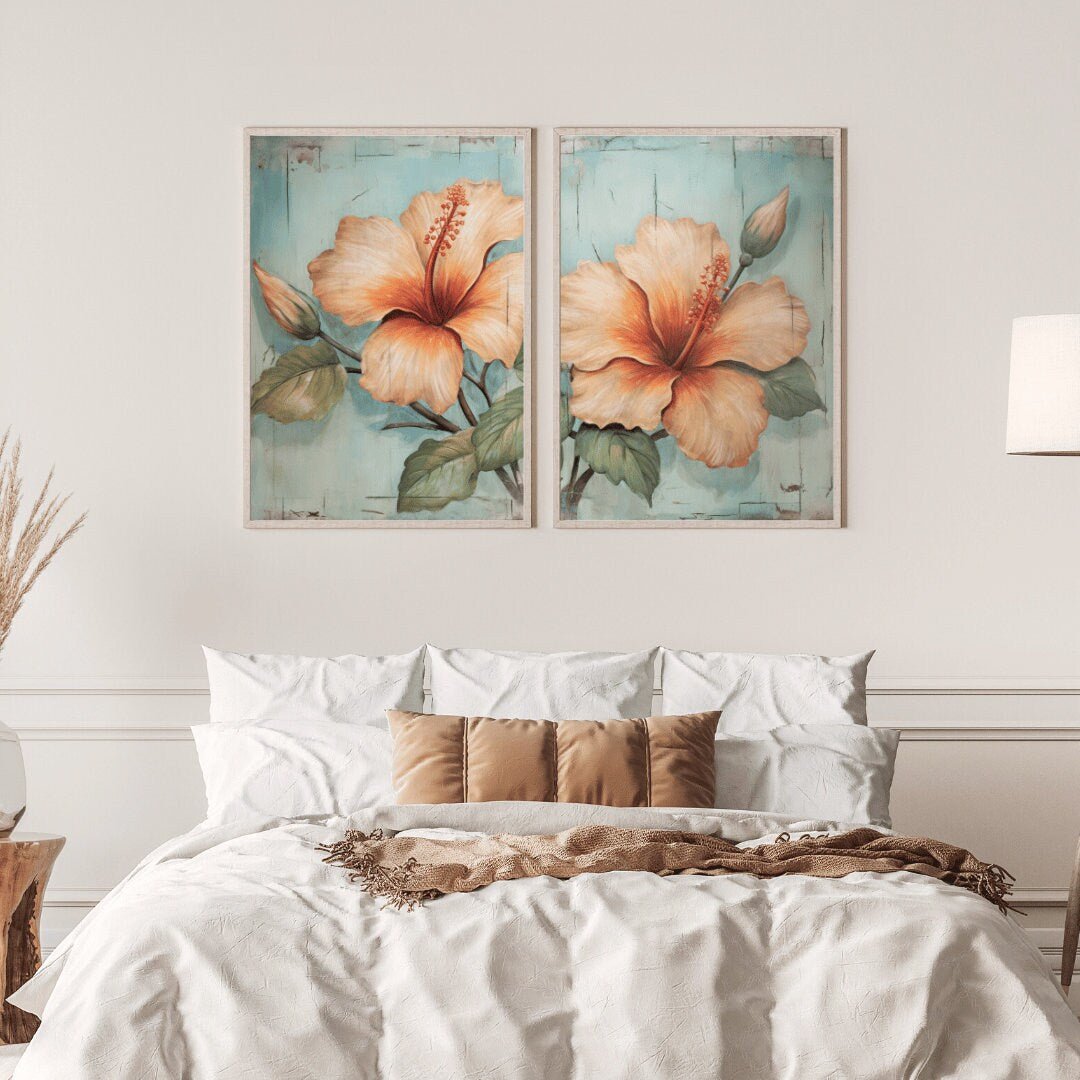 Hibiscus Wall Art – Floral Living Room Print • Set of 2