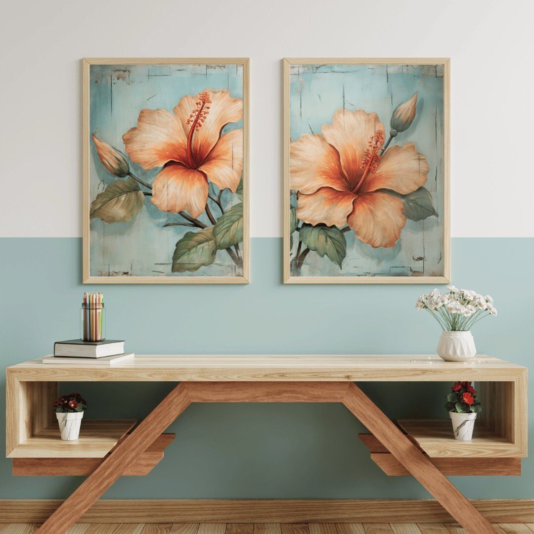 Hibiscus Wall Art – Floral Living Room Print • Set of 2