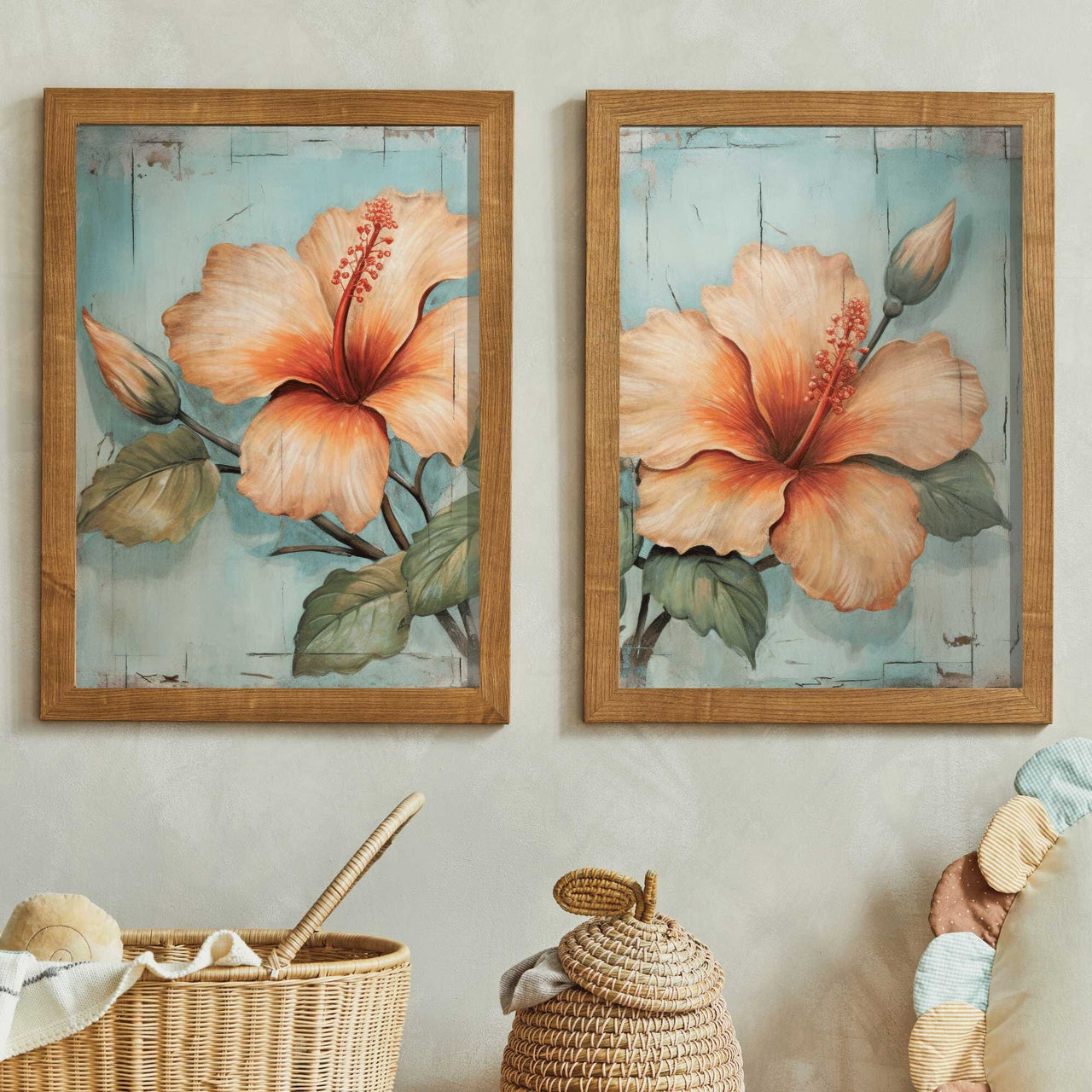 Hibiscus Wall Art – Floral Living Room Print • Set of 2