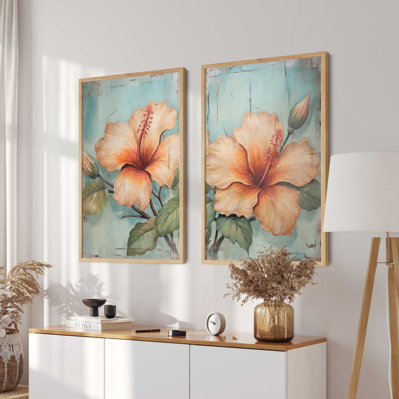 Hibiscus Wall Art – Floral Living Room Print • Set of 2