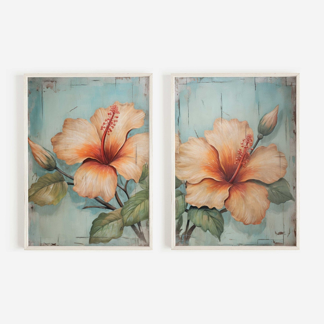 Hibiscus Wall Art – Floral Living Room Print • Set of 2