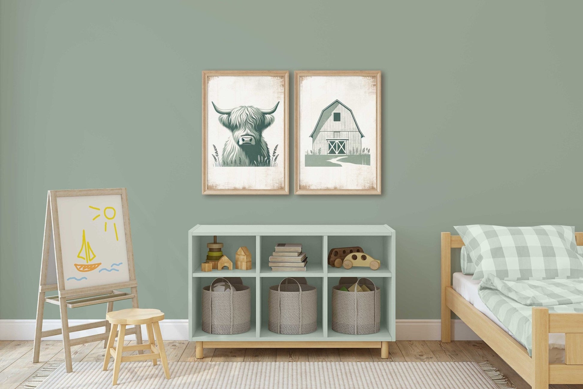 Highland Cow Nursery Decor, Sage Green Animal Print, Rustic Wall Art - WildfieldPrints