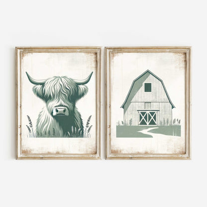 Highland Cow Nursery Decor, Sage Green Animal Print, Rustic Wall Art - WildfieldPrints