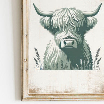 Highland Cow Nursery Decor, Sage Green Animal Print, Rustic Wall Art - WildfieldPrints