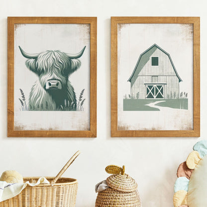 Highland Cow Nursery Decor, Sage Green Animal Print, Rustic Wall Art - WildfieldPrints