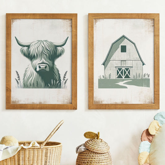 Highland Cow Nursery Decor, Sage Green Animal Print, Rustic Wall Art - WildfieldPrints