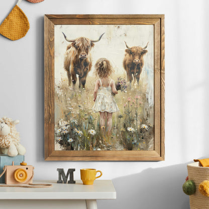 Highland Cow Nursery Print, Farmhouse Wall Art, Cattle Decor for Girls - WildfieldPrints
