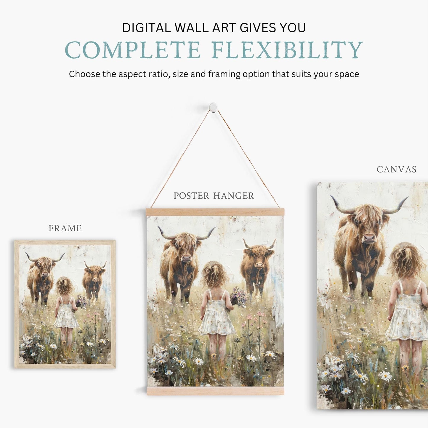 Highland Cow Nursery Print, Farmhouse Wall Art, Cattle Decor for Girls - WildfieldPrints