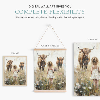 Highland Cow Nursery Print, Farmhouse Wall Art, Cattle Decor for Girls - WildfieldPrints