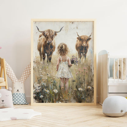 Highland Cow Nursery Print, Farmhouse Wall Art, Cattle Decor for Girls - WildfieldPrints