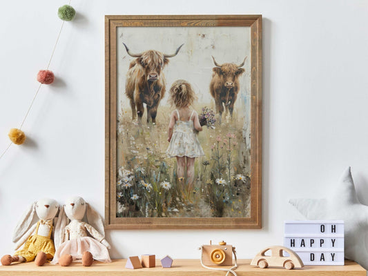 Highland Cow Nursery Print, Farmhouse Wall Art, Cattle Decor for Girls - WildfieldPrints
